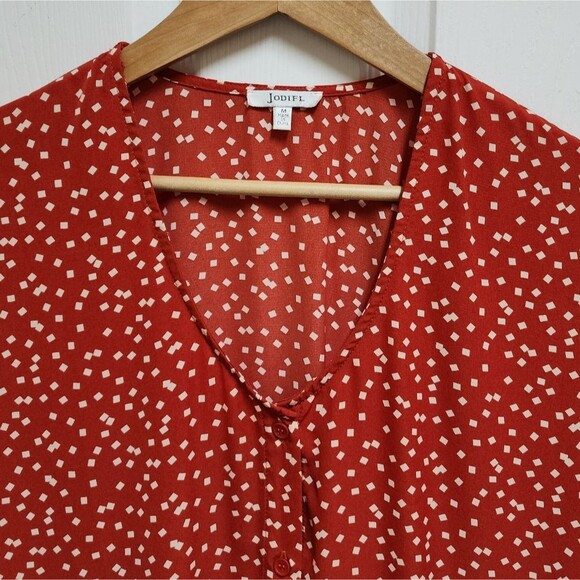 Jodifl Dress Medium Red Polka Dot Button Front V Neck Short Sleeve Pockets Boho - Picture 3 of 11